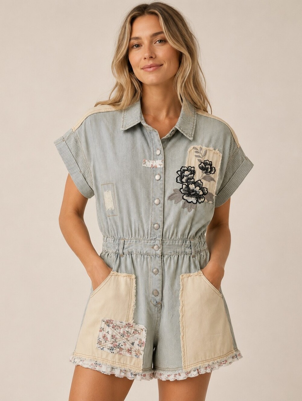 POL Striped Denim Patchwork Floral Embroidered Utility Romper Small NWOT
